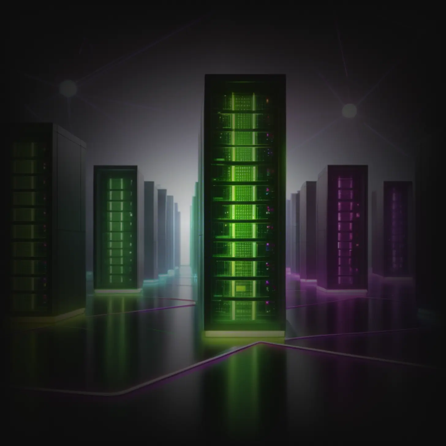 A data center visualization showing server racks illuminated in green and purple, arranged in rows with network connections indicated by light trails on the floor between them. The central server tower is prominently featured with bright green lighting.